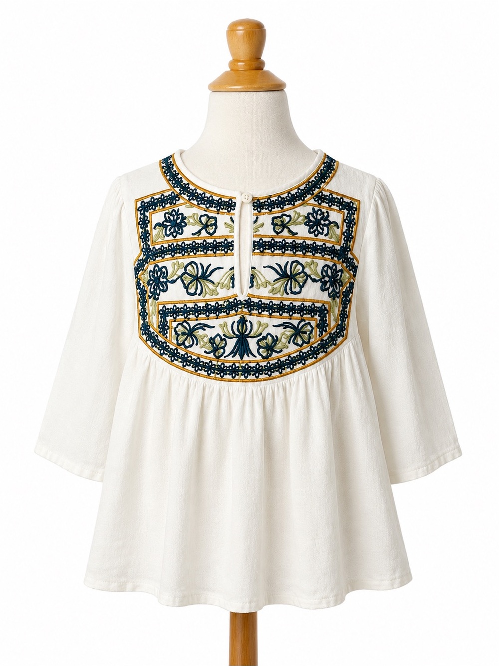 Zara Girls Embroidered Gauze Peasant Blouse White Blue Size 6 Boho Peasant